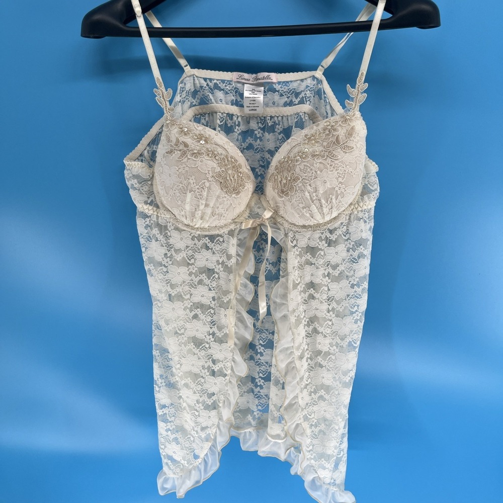 Linea Donatella Ivory Beaded Lace Chemise Babydoll Slip‎ Dress Size Large Bridal